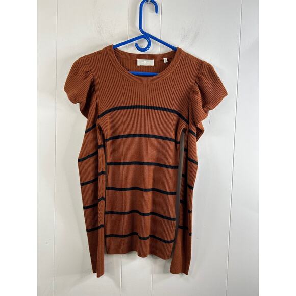 7 for All Mankind Brown Striped Cashmere Blend Puff Shoulder Crew Neck Sweater - Picture 5 of 9